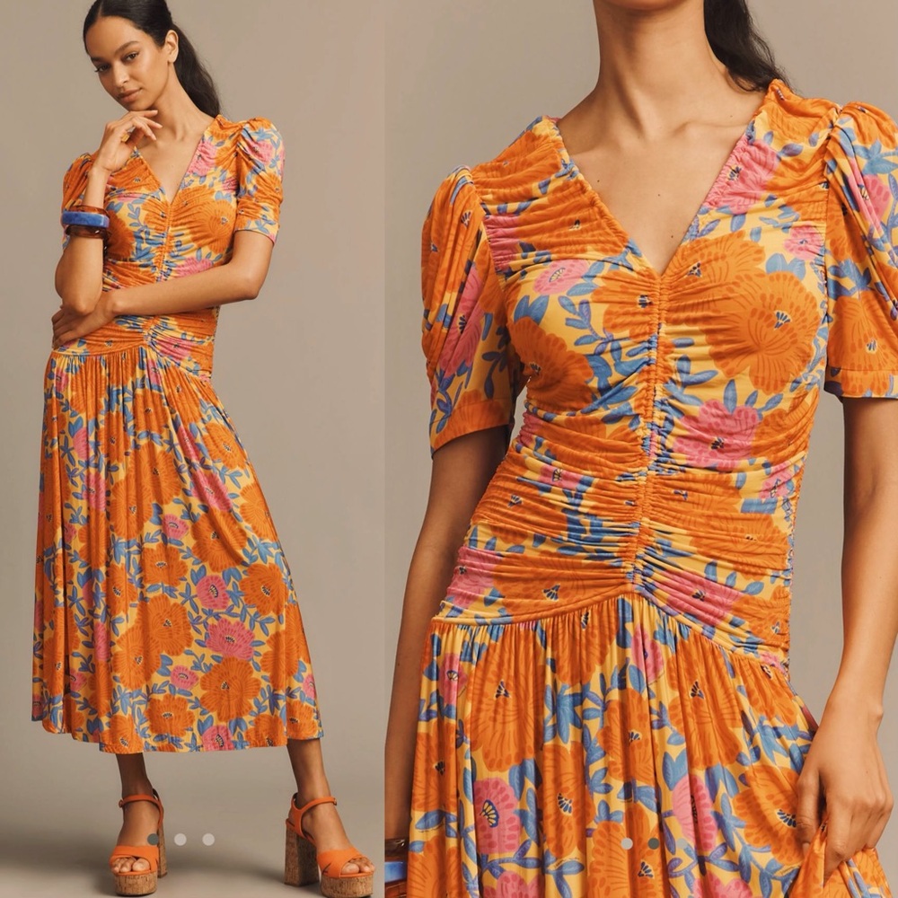 FARM Rio X Anthropologie short sleeve v neck ruched midi dress